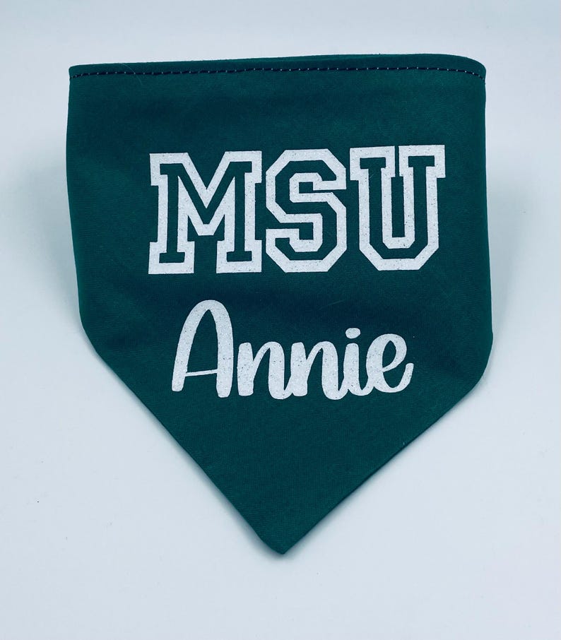 May include: A dark green pet bandana with white text that reads "MSU" in a block letter font and "Annie" in a cursive font. The bandana has a triangular shape and a stitched edge.