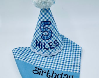 Light blue plaid Birthday hat for dog, birthday bandana, dog party accessories, birthday boy