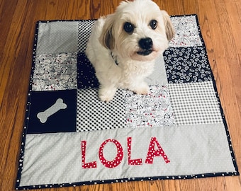 Personalized pet quilt, applique name, shades of black/white/gray/red quilt, handmade dog quilt