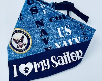 Navy dog bandana, I love my sailor Dog bandana, military dog kerchief