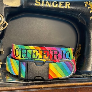 Rainbow stripe dog collar, Personalized dog collar, embroidered dog collar
