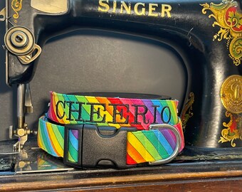 Rainbow stripe dog collar, Personalized dog collar, embroidered dog collar