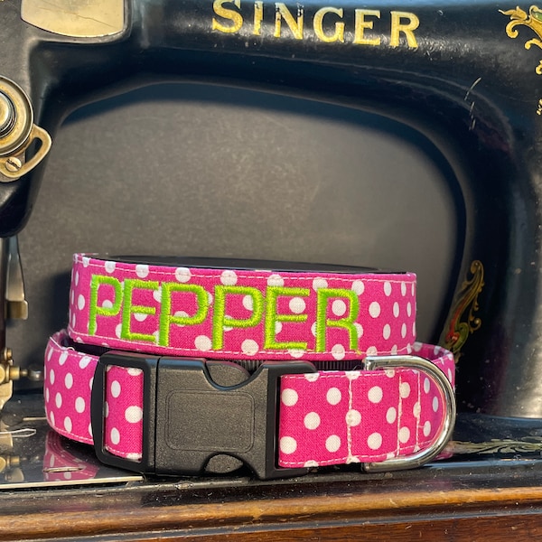 Pink Polka dot dog collar, Personalized dog collar, Embroidered dog collar