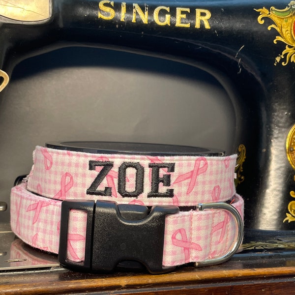 Pink ribbon personalized dog collar,  breast cancer awareness, personalized dog collar, Embroidered dog collar