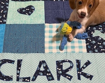 Personalized pet quilt, applique name, shades of blue/aqua quilt, handmade dog quilt