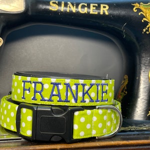 Green polka dot dog collar, Personalized dog collar, Embroidered dog collar