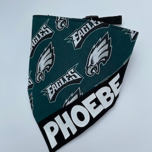 May include: Green and white dog bandana with a Philadelphia Eagles logo pattern and the name "PHOEBE" printed in white on a black band.