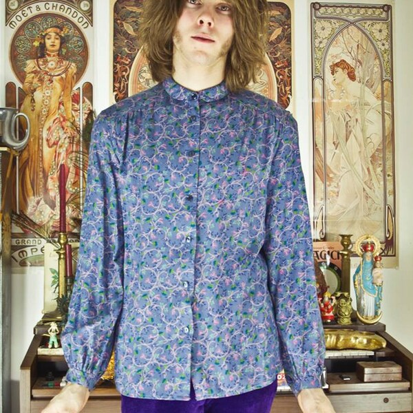 Acid Folky Smolki Hippie Trippy Poet Floral Flower Power Peter Pan Round Collar Blue Shirt Unisex