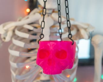 HOT Pink Hanging Skull Planter with Black or Gold Chain - Human Skull Plant Pot - Gothic Home - 3D Printed - spoopy