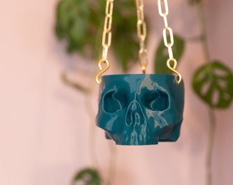 Deep Teal Hanging Skull Planter with Black or Gold Chain - Human Skull Plant Pot - Gothic Home - 3D Printed - spoopy - Green