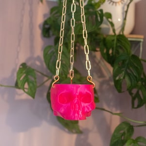 May include: A hot pink skull-shaped planter suspended by a gold chain. The planter is hanging in front of a leafy green plant. The skull planter adds a unique, gothic touch to any space.