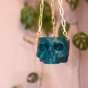 Deep Teal Hanging Skull Planter with Black or Gold Chain - Human Skull Plant Pot - Gothic Home - 3D Printed - spoopy - Green