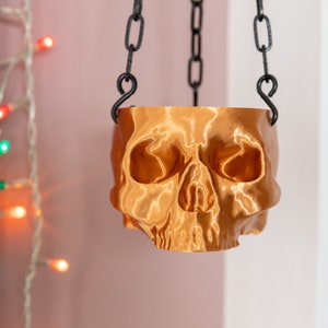 Bronze Hanging Skull Planter with black Chain - Human Skull Plant Pot - Gothic Home - 3D Printed Skull - Spooky Skull - Halloween Decoration