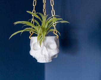 White Hanging Skull Planter with Gold Chain - Human Skull Plant Pot - Gothic Home - 3D Printed Skull - Spooky Skull - Halloween Decoration