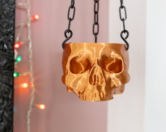 Bronze Hanging Skull Planter with black Chain - Human Skull Plant Pot - Gothic Home - 3D Printed Skull - Spooky Skull - Halloween Decoration