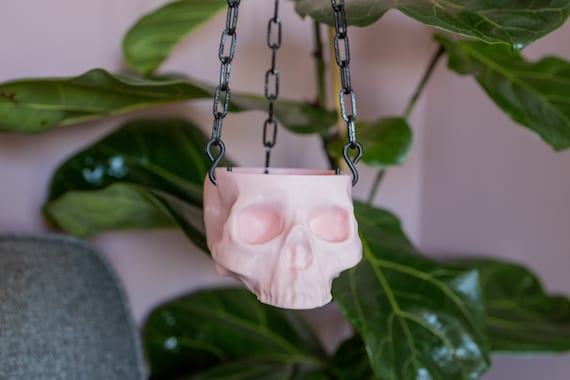 Baby Pink Hanging Skull Planter with Black Chain - Human Skull Plant Pot - Gothic Home - 3D Printed - spoopy