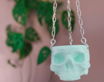Mint Green Hanging Skull Planter with Silver Chain - Human Skull Plant Pot - Gothic Home - 3D Printed - spoopy