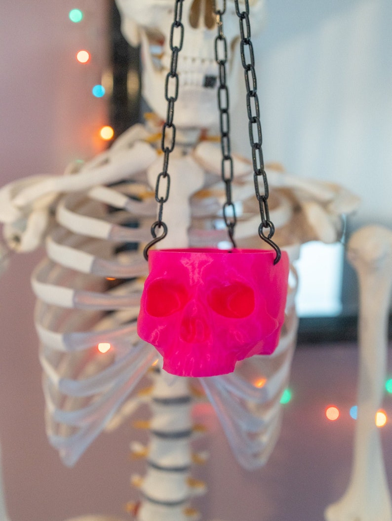 May include: A bright pink skull-shaped planter suspended by black chains. The planter has eye and nose sockets, and a mouth. The background features a skeleton and colorful string lights, creating a spooky Halloween theme.