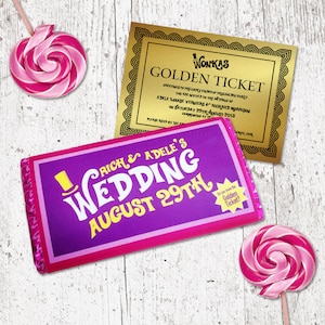 Willy Wonka Personalised Chocolate Bar Wrapper with Golden Ticket Invitation DESIGN FILE ONLY image 1