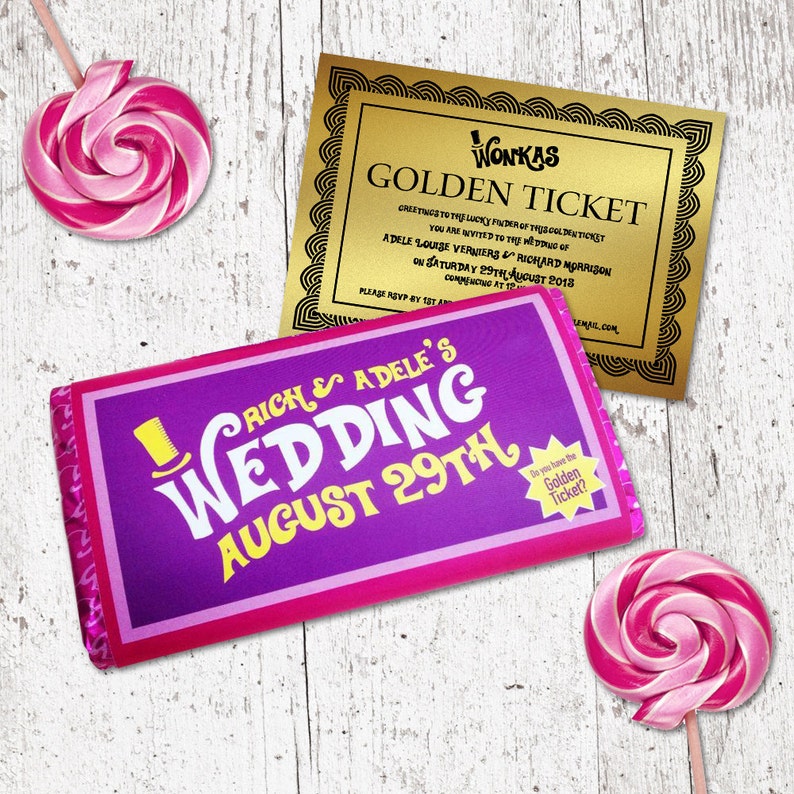 Willy Wonka Personalised Chocolate Bar Wrapper with Golden Ticket Invitation DESIGN FILE ONLY image 1