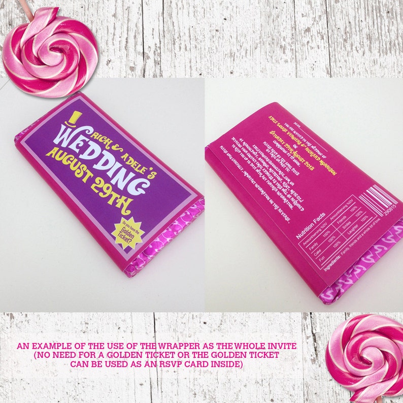 Willy Wonka Personalised Chocolate Bar Wrapper with Golden Ticket Invitation DESIGN FILE ONLY image 2