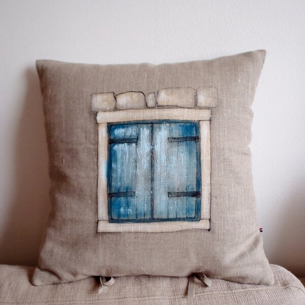 Old turquoise shutters, linen hand painted pillow cover, unique pillow case with mediterranean motifs