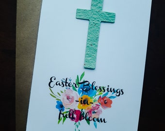 Easter Blessings in Full Bloom- Cross Seed Paper Card- religious, Easter