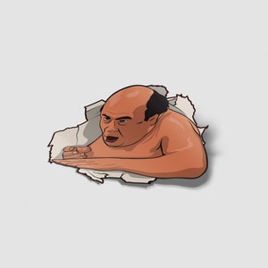 Peut inclure: Une illustration de bande dessin&eacute;e d'un homme chauve avec une moustache, regardant &agrave; travers un morceau de papier d&eacute;chir&eacute;. Il regarde directement le spectateur avec une expression s&eacute;rieuse.