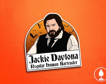 May include: A sticker featuring a cartoon illustration of a man with a beard and moustache. The man is wearing a black waistcoat and white shirt. The sticker has a yellow background with black bats and the text "Jackie Daytona Regular Human Bartender".