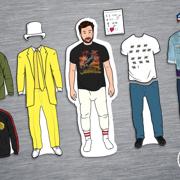 Charlie Kelly Fridge Magnet Doll - Paper Doll Outfits Always Sunny Inspired IASIP Dayman Nightman TV Show Parody 6" Set
