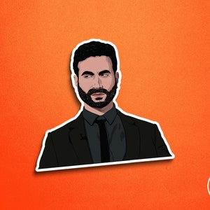 May include: A digital illustration of a man with a dark beard and hair wearing a black suit and a dark tie. The background is a solid orange color.