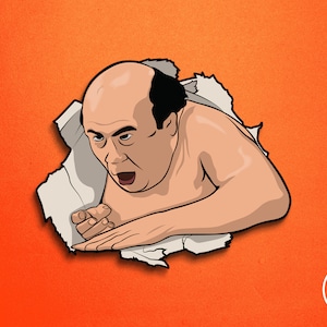 Peut inclure: Une illustration de bande dessin&eacute;e d'un homme chauve avec une expression surprise, qui sort d'un morceau de papier d&eacute;chir&eacute;. L'arri&egrave;re-plan est de couleur orange unie.