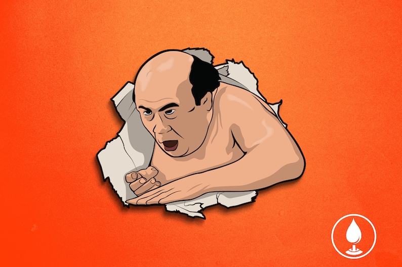 Peut inclure: Une illustration de bande dessin&eacute;e d'un homme chauve avec une expression surprise, qui sort d'un morceau de papier d&eacute;chir&eacute;. L'arri&egrave;re-plan est de couleur orange unie.