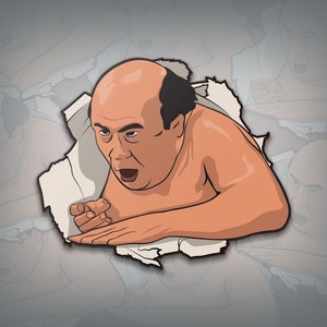Peut inclure: Une illustration de bande dessin&eacute;e d'un homme chauve avec une expression surprise, qui regarde de derri&egrave;re un morceau de papier d&eacute;chir&eacute;.