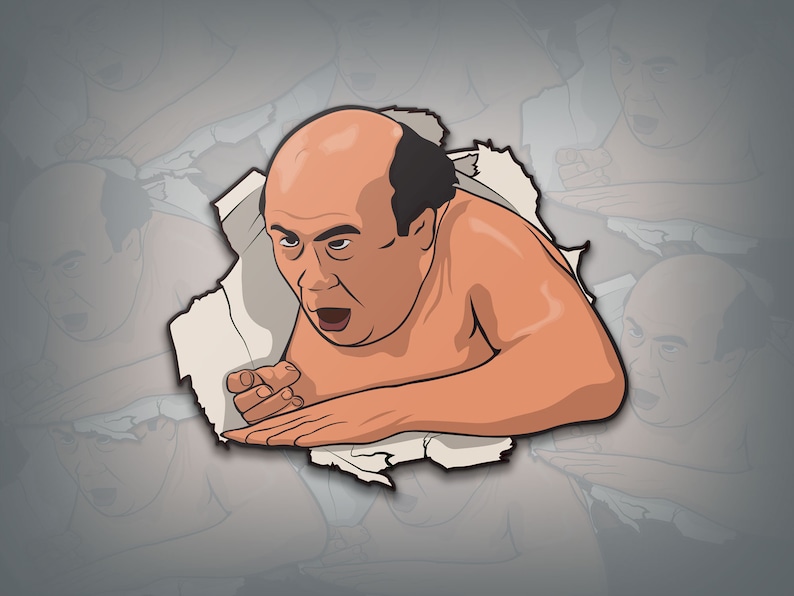 Peut inclure: Une illustration de bande dessin&eacute;e d'un homme chauve avec une expression surprise, qui regarde de derri&egrave;re un morceau de papier d&eacute;chir&eacute;.