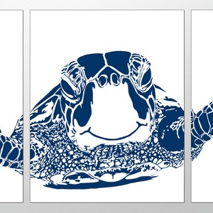 May include: A blue silhouette of a sea turtle with its head facing the viewer. The turtle's shell and flippers are visible. The background is white.