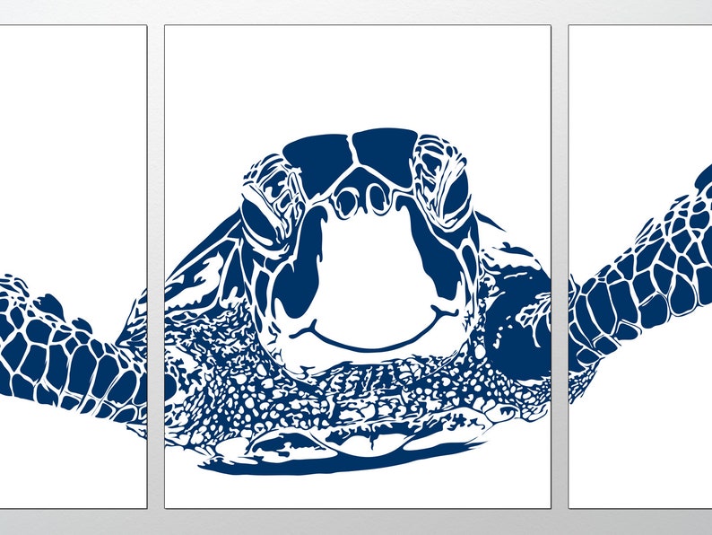 May include: A blue silhouette of a sea turtle with its head facing the viewer. The turtle's shell and flippers are visible. The background is white.