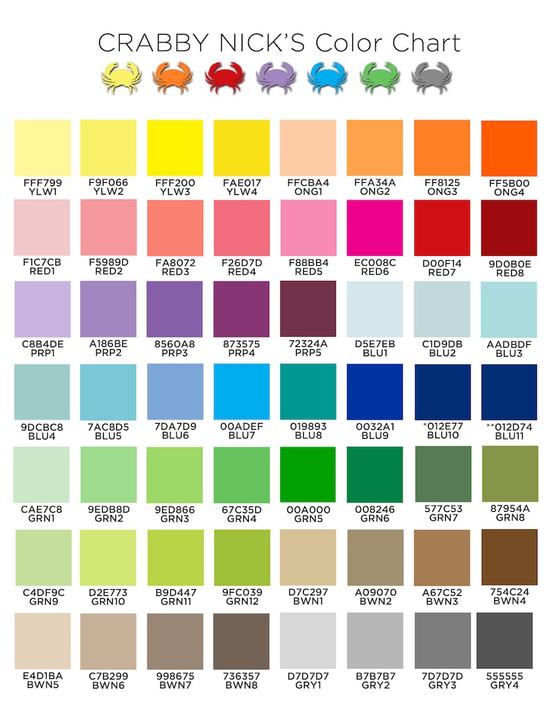 May include: A color chart with 36 different color swatches, each labeled with a color name and a code. The color chart is titled "CRABBY NICK'S Color Chart" and features a cartoon crab at the top.