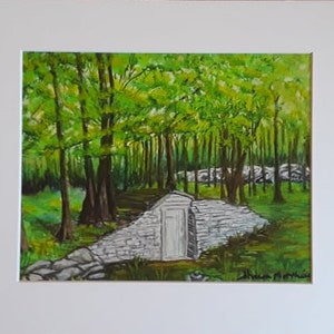 May include: A watercolor painting of a white stone building with a white door in a green forest. The building is surrounded by trees and bushes. The painting is signed by the artist.