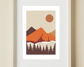 Modern Mountain Art, Mid Century Inspired. Minimalist Landscape.