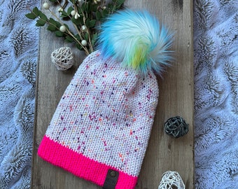Handmade knit beanie with pom