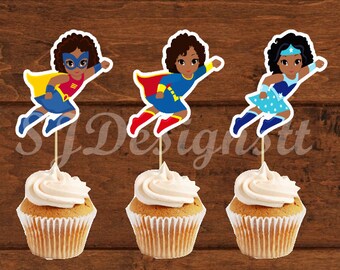 Afro Girls  Superhero Cupcake Toppers set 1