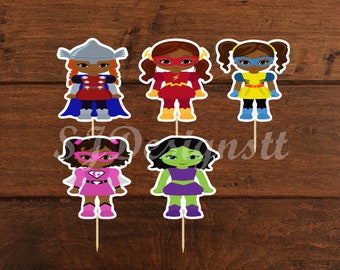 Afro Girls  Superhero Cupcake Toppers --set 4