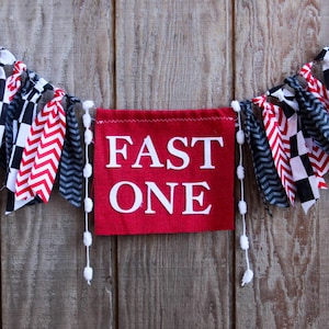 RACE CAR Birthday Highchair Banner Fast ONE red & black, checkered flag I am one, burlap banner first birthday photo prop cars theme