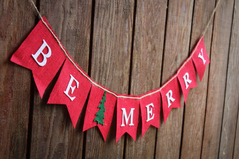Christmas winter holiday Autumn photo prop FALL name banner rustic decor handmade Be Merry burlap banner November