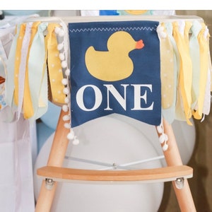 Rubber Duck 1st Birthday Highchair Banner: Yellow & Navy Decor