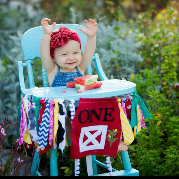 Cowgirl Birthday Party Banner Highchair Garland Photo Prop High Chair Rodeo Western Cow print Farm Theme Birthday Cake Smash Backdrop