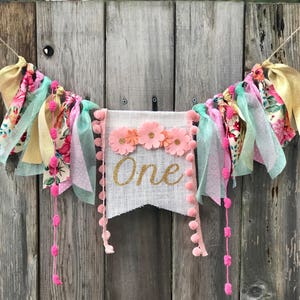 Floral 1st birthday banner, highchair, photo prop, girls first birthday decorations, pink and gold, wild one, boho