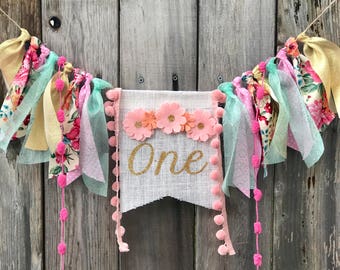 Floral First Birthday High Chair Banner: Pink and Gold Boho Garland, Girls 1st Birthday, Highchair Photo Prop