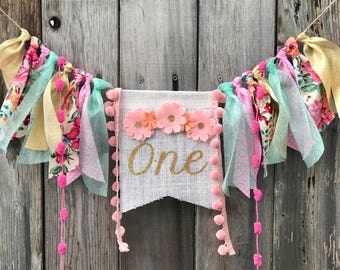 Floral 1st birthday banner, highchair, photo prop, girls first birthday decorations, bunny, pink and gold, wild one, boho, Easter